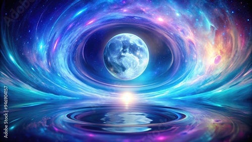 Ethereal lunar orb glows softly against a vibrant, swirling vortex of blues and purples, hypnotic abstract background evoking a sense of celestial wonder and magic.