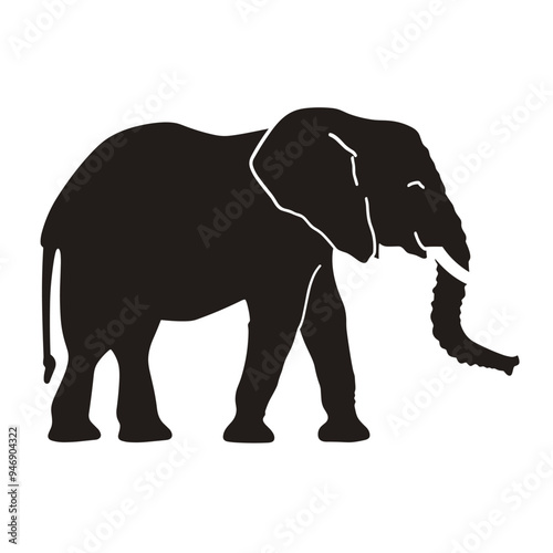 Silhouette of an elephant in a walking pose, emphasizing the large ears and trunk against a white background.