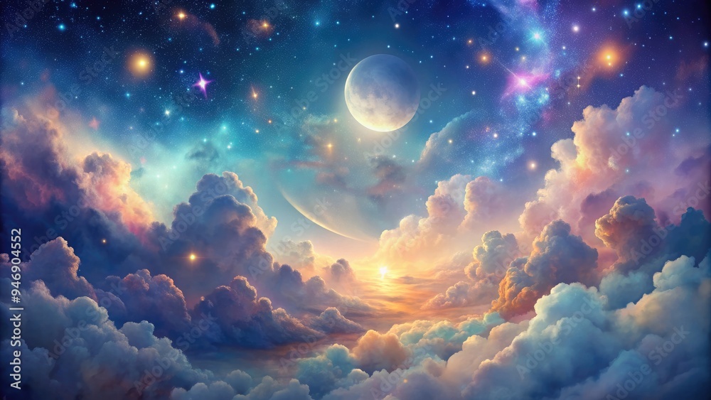 Ethereal watercolor clouds swirl across a dreamy, moonlit sky, infused with shimmering stardust and soft, luminous hues, evoking a sense of wonder and enchantment. Ethereal watercolor clouds swirl across a dreamy, moonlit sky, infused with shimmering stardust and soft, luminous hues, evoking a sense of wonder and enchantment.
