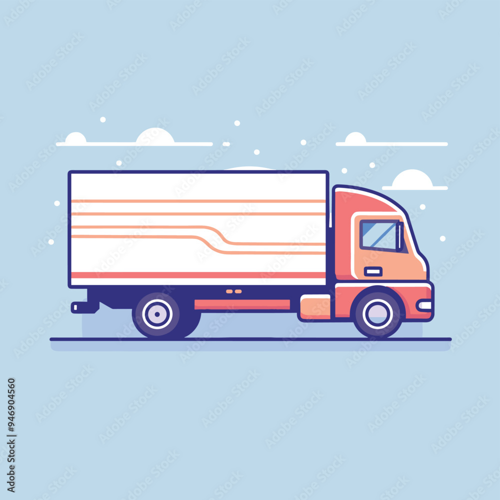 Illustration of an orange delivery truck, on a light blue background with clouds and minimal details. Illustration of an orange delivery truck, on a light blue background with clouds and minimal details.