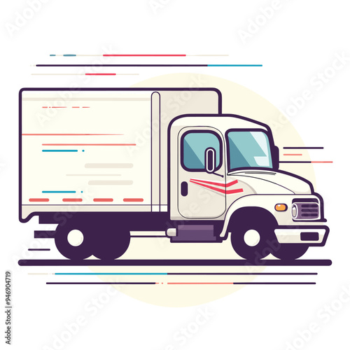 Stylized illustration of a white delivery truck moving swiftly against a white background.
