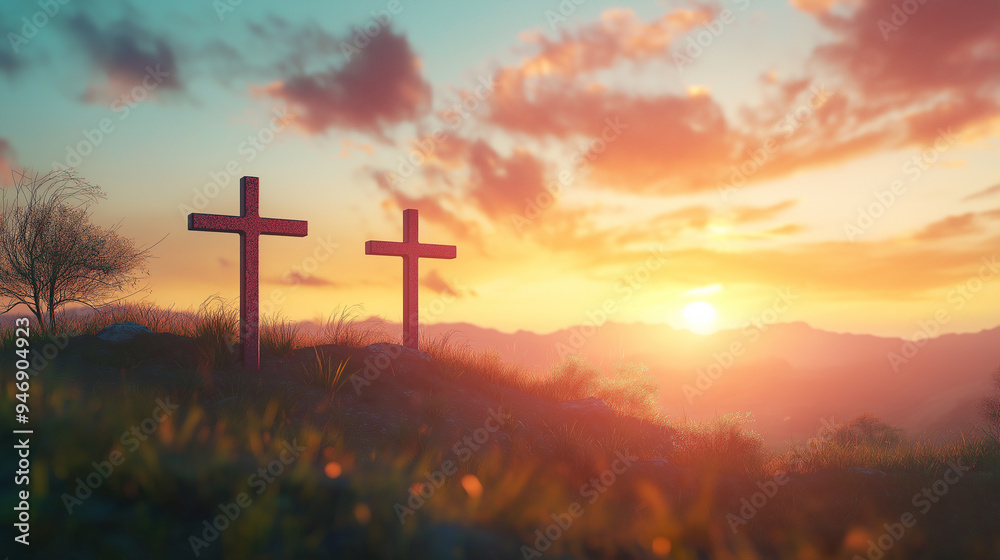 sunset glow across sky, cross atop mountain seemed to illuminate with divine light, a powerful symbol of Jesus Christ and the profound connection between God and religion amidst drifting clouds. sunset glow across sky, cross atop mountain seemed to illuminate with divine light, a powerful symbol of Jesus Christ and the profound connection between God and religion amidst drifting clouds.