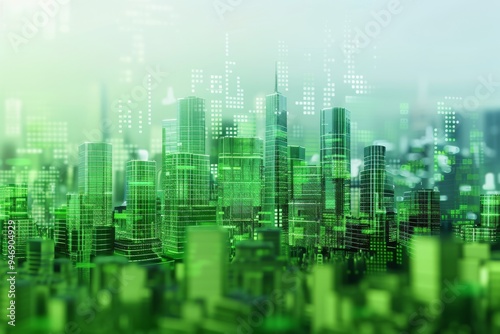 An abstract cityscape with green hues, symbolizing a sustainable and eco-friendly urban future.
