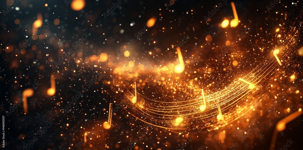 Naklejka premium golden glowing musical notes on a dark background