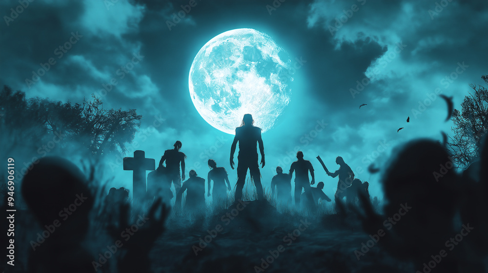 Creepy Halloween night, cemetery's eerie atmosphere made everyone skittish, as shadows seemed to play tricks and every rustling hand whisper wind sparked fear of evil that might lurk in darkness. Creepy Halloween night, cemetery's eerie atmosphere made everyone skittish, as shadows seemed to play tricks and every rustling hand whisper wind sparked fear of evil that might lurk in darkness.