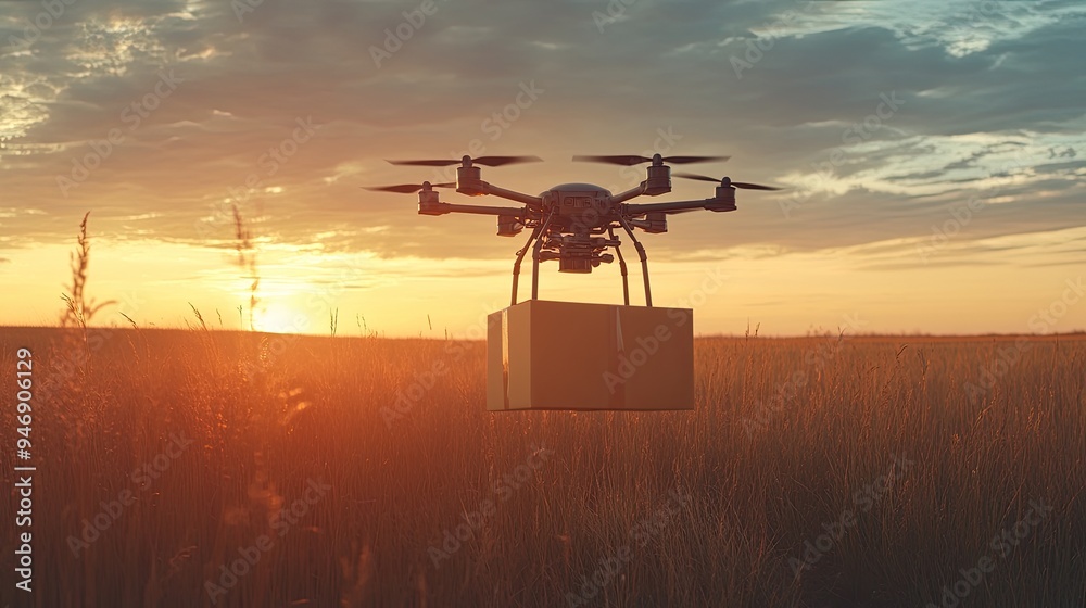 Fototapeta premium Drone delivers package at sunset. This photo shows the future of delivery, using drones to efficiently transport goods.