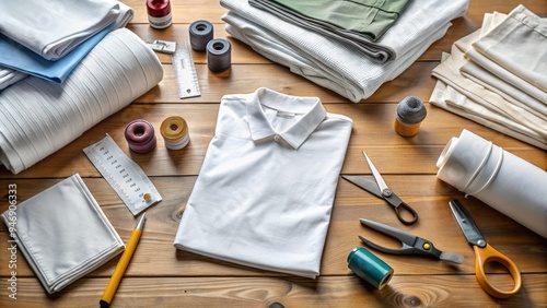 Folded plain white t-shirts and pants on a table alongside sewing patterns and threads, surrounded by rulers, scissors, and other garment construction tools. photo