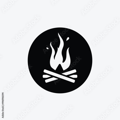 Black and white icon of a campfire with flames and logs, set against a circular background.