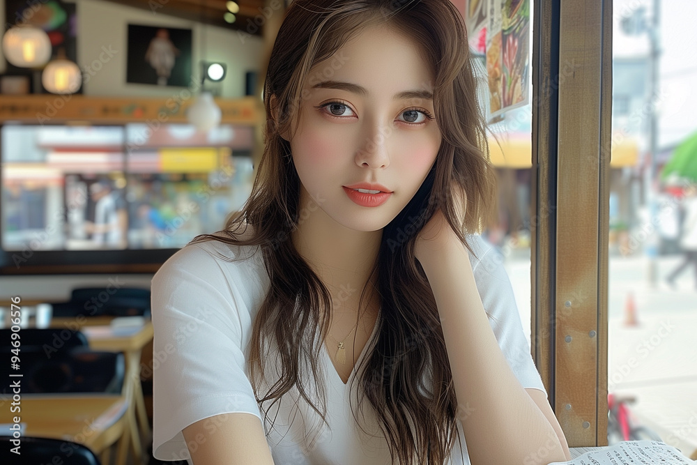 カフェでリラックスする白Tシャツが映える大人女性 カフェでリラックスする白Tシャツが映える大人女性