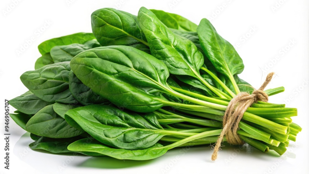Fresh green bundles of crisp spinach leaves isolated on a white background, vibrant and healthy, showcasing the nutritious superfood in perfect detail.