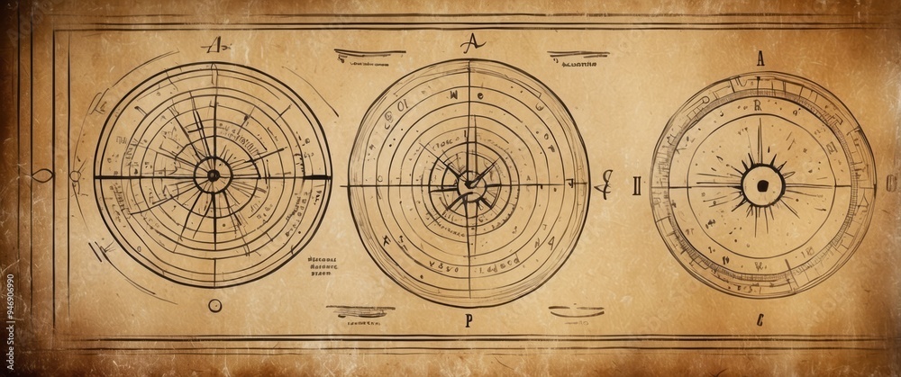 Fototapeta premium Hand-Drawn Diagrams of Astronomical Objects on Antique Parchment