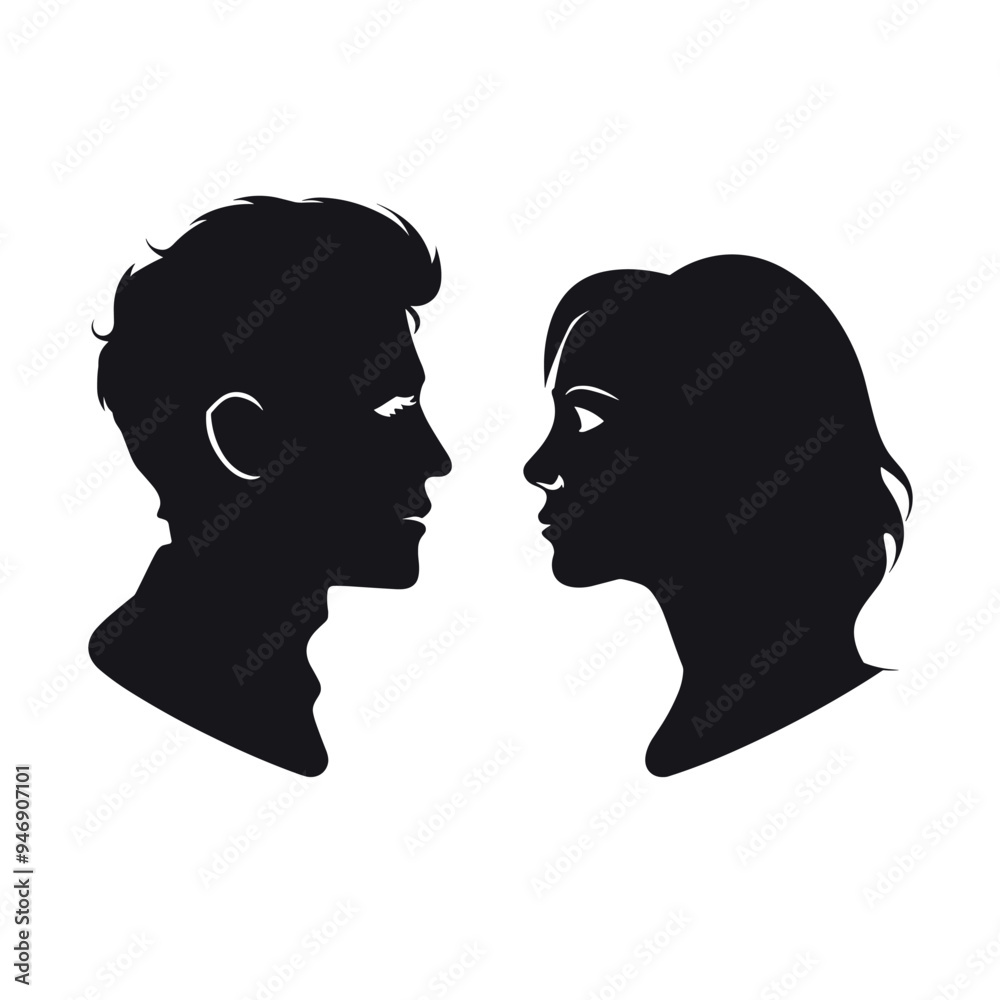 Fototapeta premium Silhouettes of a man and woman facing each other on a white background.