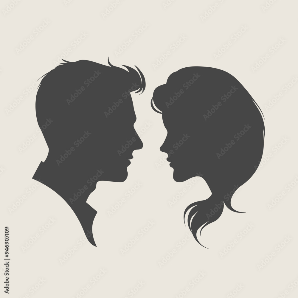 Silhouette of a man and woman facing each other, highlighting their profiles. Silhouette of a man and woman facing each other, highlighting their profiles.