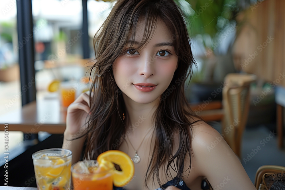 フルーツたっぷりの夏スイーツと可愛い女性 フルーツたっぷりの夏スイーツと可愛い女性