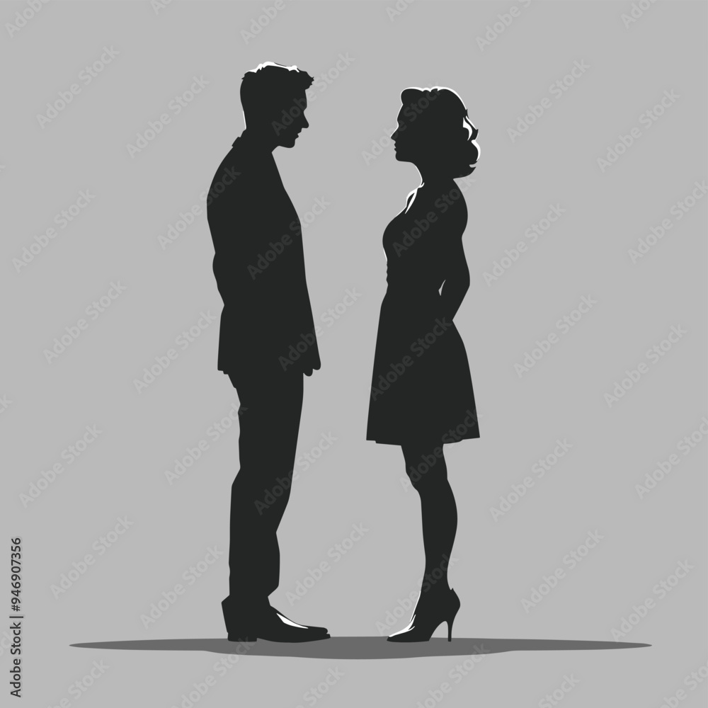 Silhouettes of a man and a woman standing face-to-face against a plain grey background. Silhouettes of a man and a woman standing face-to-face against a plain grey background.
