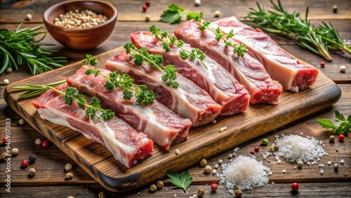 Freshly butchered raw pork ribs placed on a wooden cutting board, glistening with moisture, surrounded by scattered fresh herbs and a sprinkle of sea salt. photo