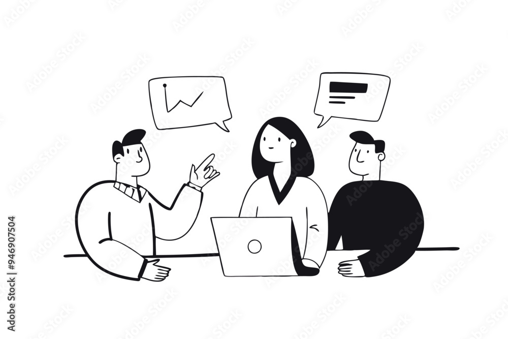 Business team discussing project. Black and white doodle art. Vector flat illustration Business team discussing project. Black and white doodle art. Vector flat illustration