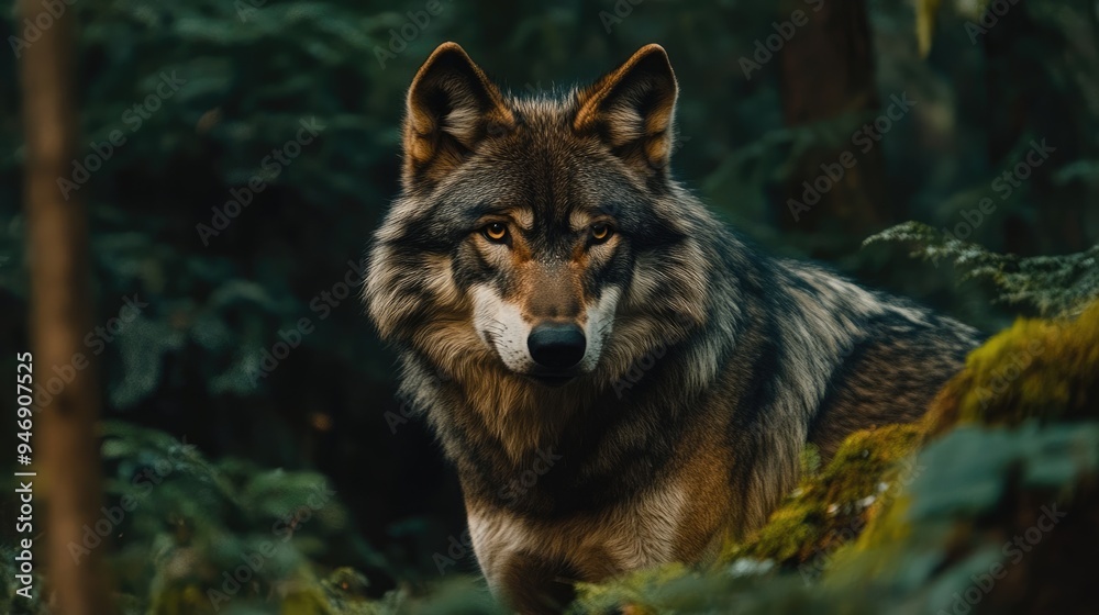 A wolf stares intensely from the forest. A powerful image to represent wildlife, nature, and wilderness. A wolf stares intensely from the forest. A powerful image to represent wildlife, nature, and wilderness.