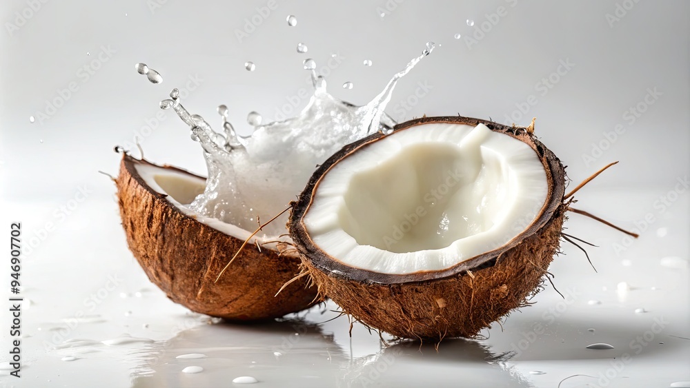 Freshly cracked open coconut with white flesh and clear liquid on a clean and minimalist white background, evoking tropical freshness and refreshing simplicity. Freshly cracked open coconut with white flesh and clear liquid on a clean and minimalist white background, evoking tropical freshness and refreshing simplicity.