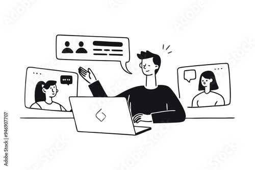 Business team discussing project. Black and white doodle art. Vector flat illustration