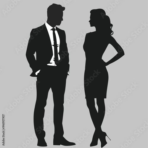 Silhouettes of a man in a suit and a woman in a dress engaged in conversation.