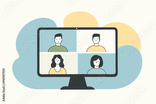 People meeting online via video conference flat illustration. Cartoon group of colleagues on virtual collective chat