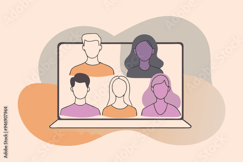 People meeting online via video conference flat illustration. Cartoon group of colleagues on virtual collective chat