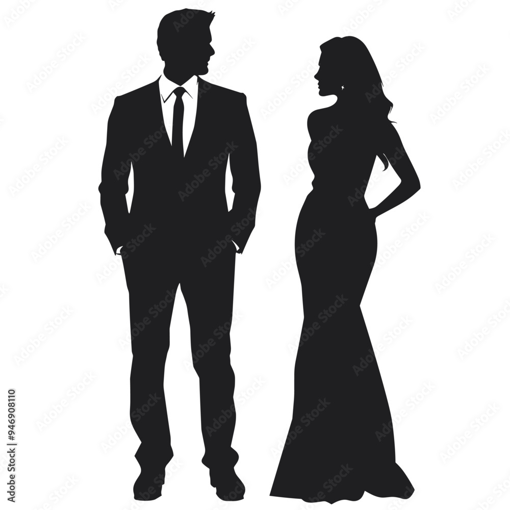Silhouettes of a man in a suit and a woman in an evening gown standing together. Silhouettes of a man in a suit and a woman in an evening gown standing together.