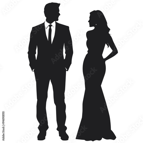 Silhouettes of a man in a suit and a woman in an evening gown standing together.