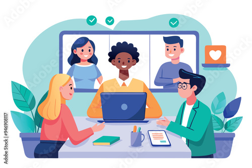 People meeting online via video conference flat illustration. Cartoon group of colleagues on virtual collective chat