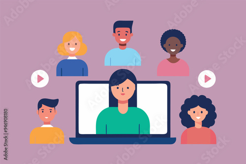 People meeting online via video conference flat illustration. Cartoon group of colleagues on virtual collective chat