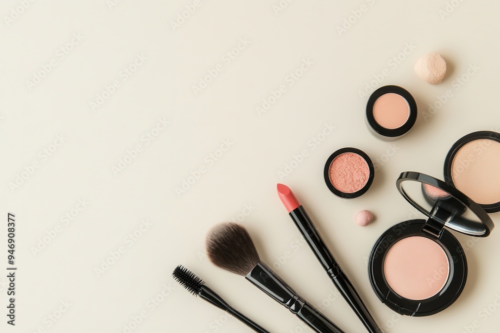 An elegant display of lipstick, makeup brushes, and powder creates a minimalist beauty setup on a soft light background. Generative AI An elegant display of lipstick, makeup brushes, and powder creates a minimalist beauty setup on a soft light background. Generative AI