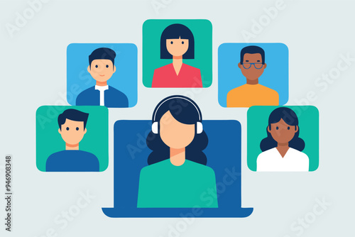 People meeting online via video conference flat illustration. Cartoon group of colleagues on virtual collective chat