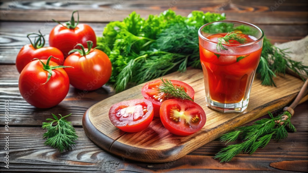 Freshly sliced tomatoes on a rustic wooden table alongside a refreshing glass of clear, carbonated beverage, garnished with a sprig of fresh dill. Freshly sliced tomatoes on a rustic wooden table alongside a refreshing glass of clear, carbonated beverage, garnished with a sprig of fresh dill.