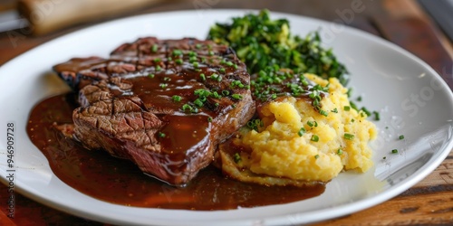 Beef steak served with cooked cabbage maize pap and gravy a traditional South African dish