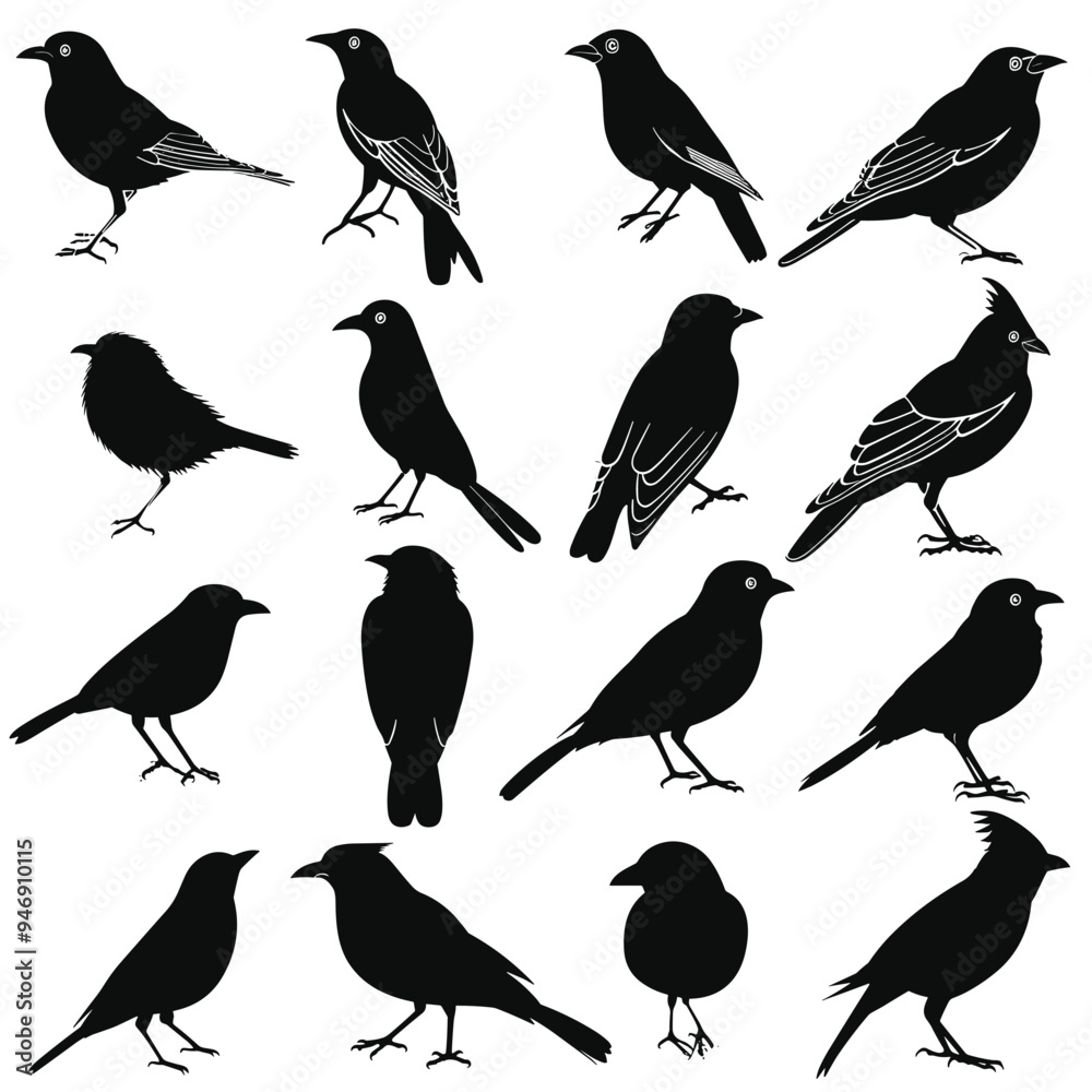 Silhouettes of various birds in different poses on a white background. Silhouettes of various birds in different poses on a white background.