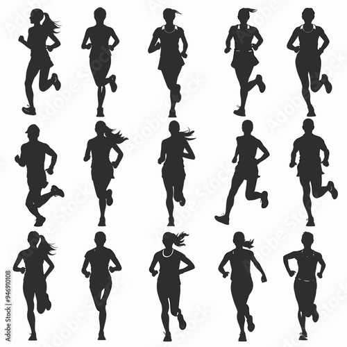 Silhouettes of men and women jogging and running in various poses on a plain white background.