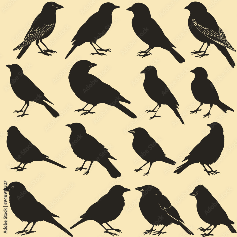 Fototapeta premium Silhouettes of various bird species on a light background, showcasing diverse bird shapes and postures.