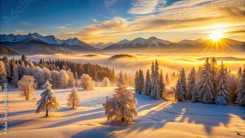 Frozen landscape transforms into ethereal wonderland as soft, golden winter light casts long shadows across snow-covered trees and icy mist-shrouded mountains at dawn. photo