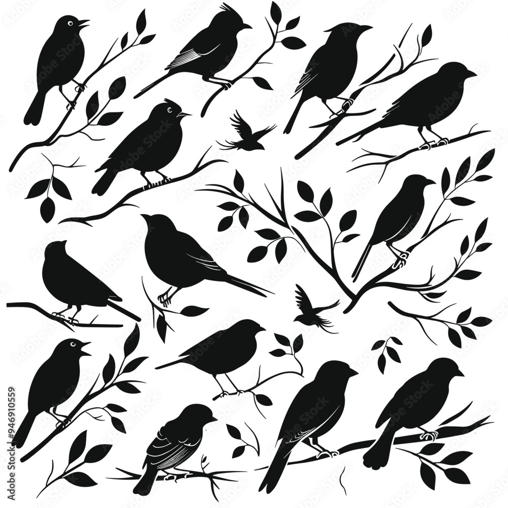Fototapeta premium Various silhouettes of birds perched and flying among branches in a simple, elegant design.