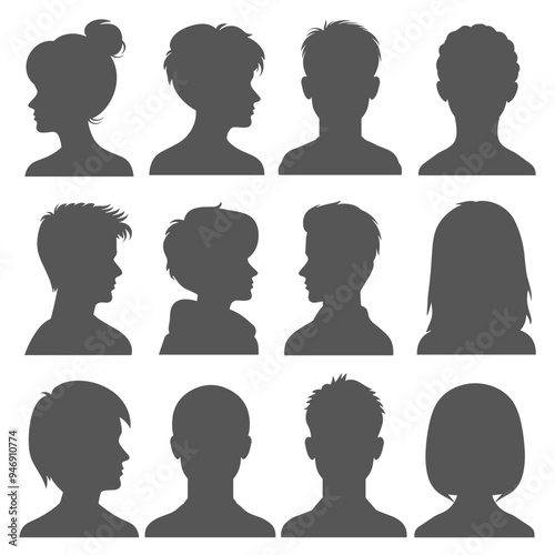 Silhouettes of male and female heads in various hairstyles, depicted in profile and frontal views.
