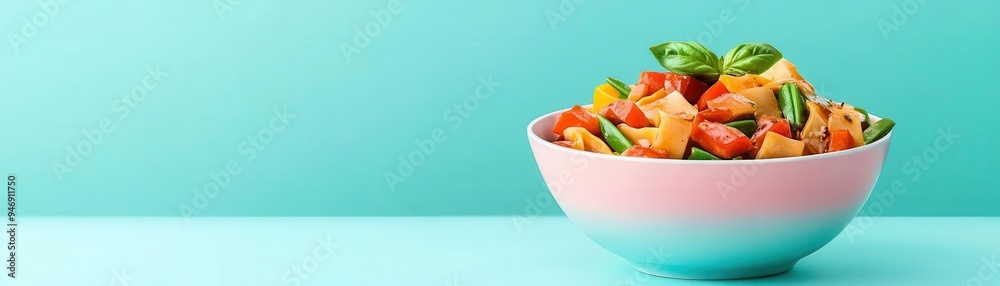 Retro-inspired illustration of an Italian stir-fry with bold, blocky shapes and vibrant 80s color palette, Retro, Neon and pastel tones