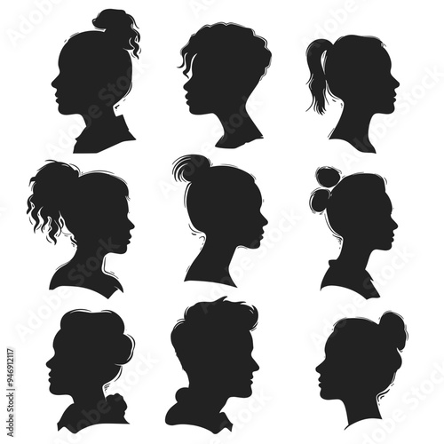 Silhouettes of diverse hairstyles featuring men and women in black and white profile views.