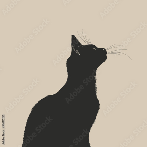 Silhouette of a black cat gazing upward against a light beige background.