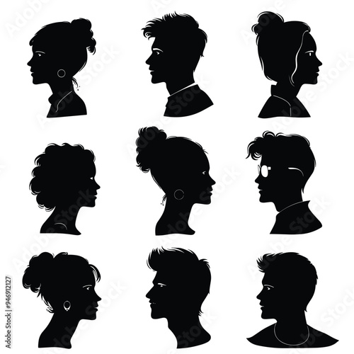 Silhouettes of diverse male and female profiles, showcasing different hairstyles and accessories.