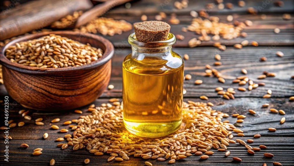 Golden flaxseeds spilling out of a small glass bottle filled with transparent oil, surrounded by whole seeds and a few fallen petals on a rustic wooden table. Golden flaxseeds spilling out of a small glass bottle filled with transparent oil, surrounded by whole seeds and a few fallen petals on a rustic wooden table.