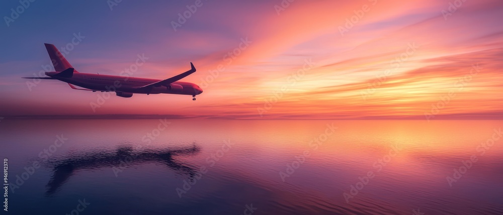 Airplane Flying Over Water at Sunset Airplane Flying Over Water at Sunset
