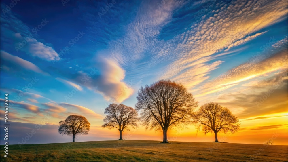 Golden hour casts a warm glow on a serene minimalist landscape, featuring stark tree silhouettes against a vast, gradient-blue sky with subtle cloud formations. Golden hour casts a warm glow on a serene minimalist landscape, featuring stark tree silhouettes against a vast, gradient-blue sky with subtle cloud formations.