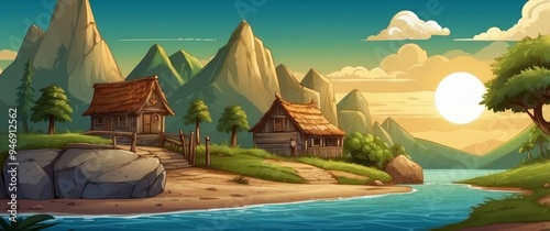 Two Rustic Wooden Cabins Nestled in a Mountainous Landscape at Sunset