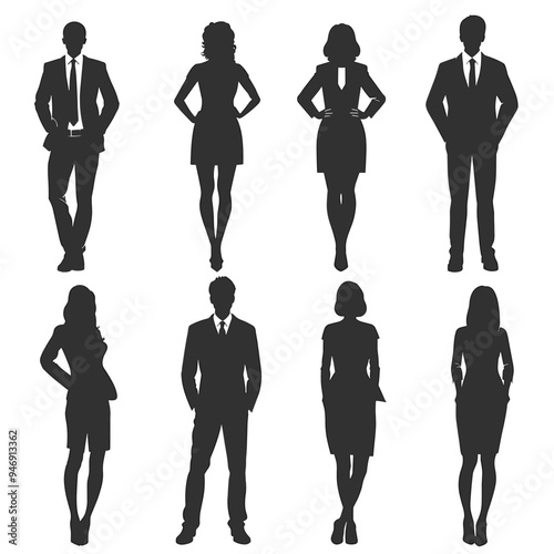 Silhouettes of diverse business professionals in various poses, dressed in formal attire against a white background.